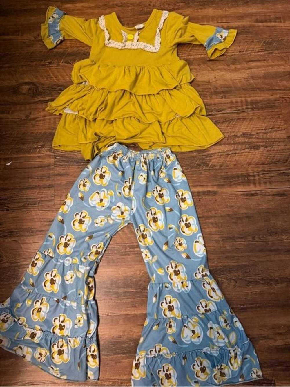 Girls Mustard Yellow Ruffle Top & Blue Floral Bell-Bottom Set